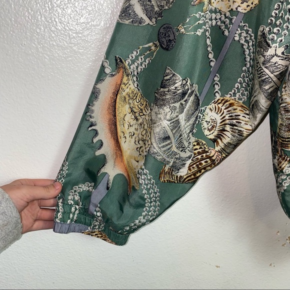 Vintage Shanghai Silk 100% silk green seashell ocean novelty print zip up jacket - Picture 5 of 13